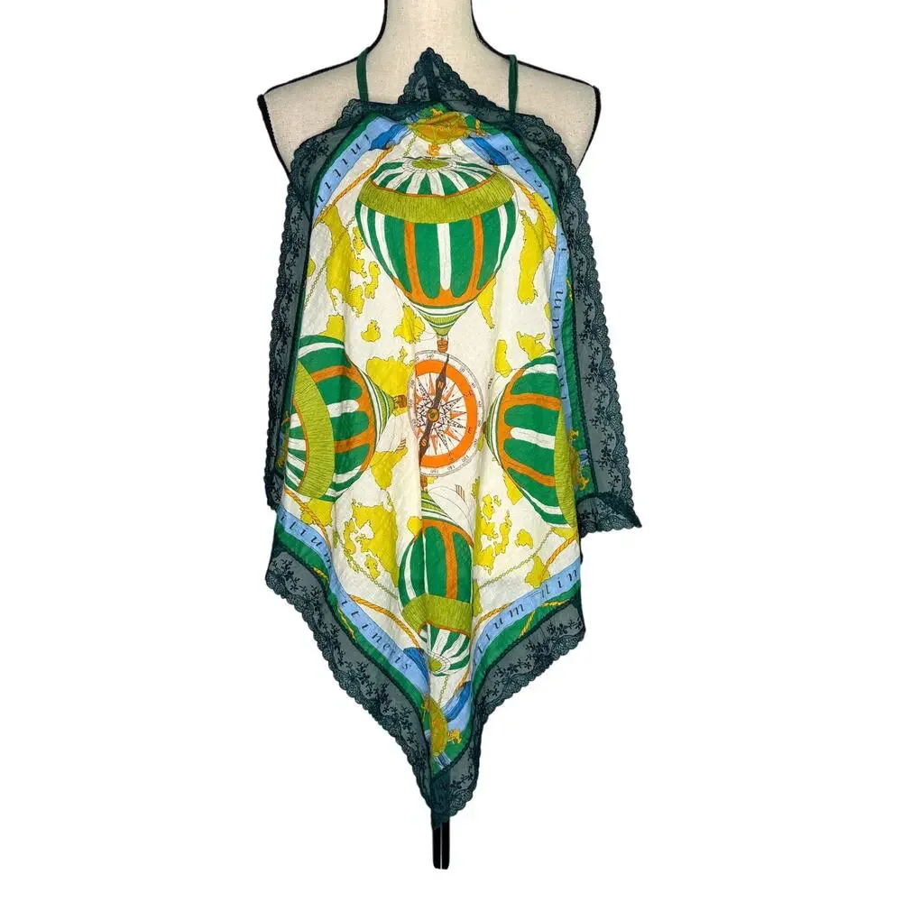 Marienne Korea Large Scarf Hot Air Balloon Lace Trim Green Yellow